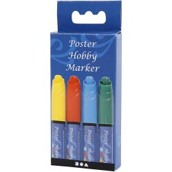 Poster Hobby Marker, streg 3 mm, bl&aring;, gr&oslash;n, r&oslash;d, gul, 4 stk./ 1 pk.