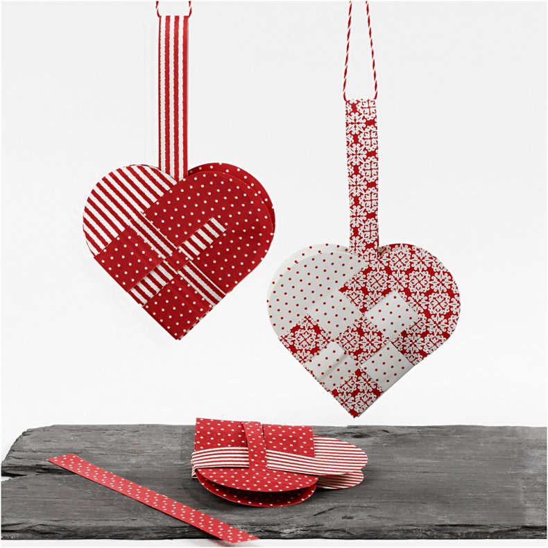 Flettede Julehjerter, str. 14,5x10 cm, 120 g, ass. farver, 8 s&aelig;t/ 1 pk.