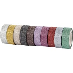 Glittertape, B: 15 mm, ass. farver, 10x6 m/ 1 pk.