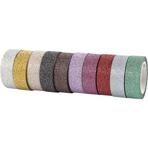 Glittertape, B: 15 mm, ass. farver, 10x6 m/ 1 pk.