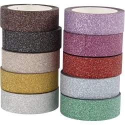 Glittertape, B: 15 mm, ass. farver, 10x6 m/ 1 pk.