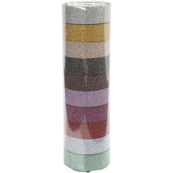 Glittertape, B: 15 mm, ass. farver, 10x6 m/ 1 pk.