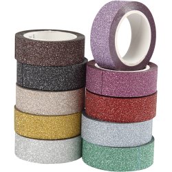Glittertape, B: 15 mm, ass. farver, 10x6 m/ 1 pk.
