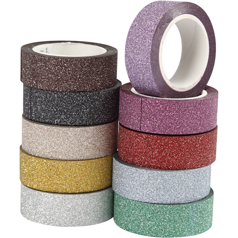 Glittertape, B: 15 mm, ass. farver, 10x6 m/ 1 pk.