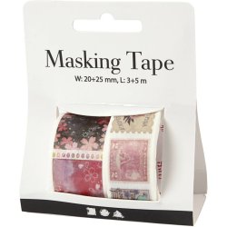Masking Tape, Frim&aelig;rke- og blomstermotiver, L: 3+5 M, B: 20+25 mm, 2 rl./ 1 pk.
