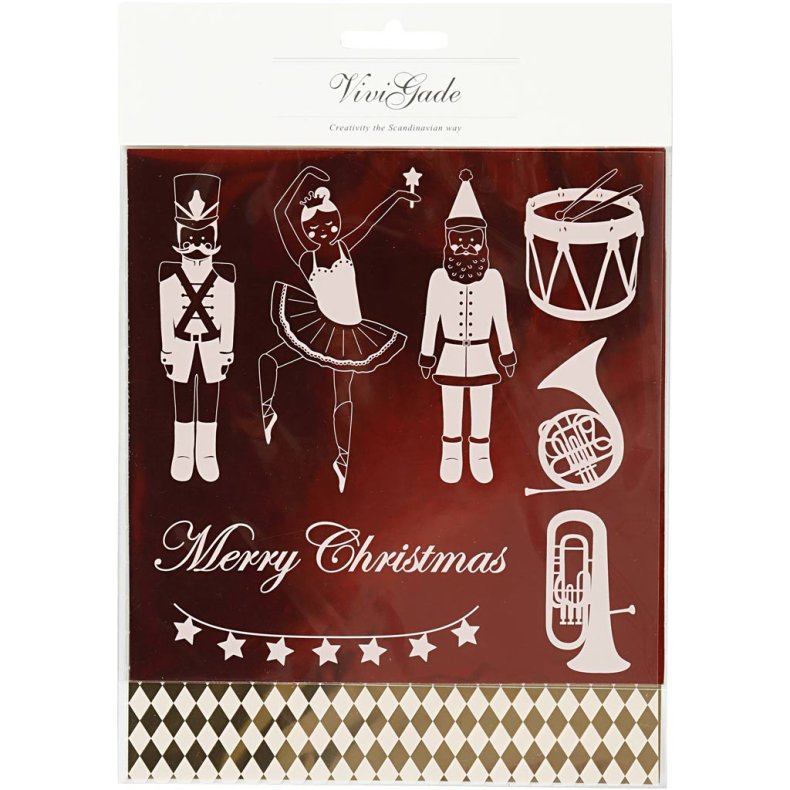 Dekorationsfolie og design limark, n&oslash;ddekn&aelig;kker, julemand og ballerina, ark 15x15 cm, guld, r&oslash;d, hvid, 4 ark/ 1 pk.