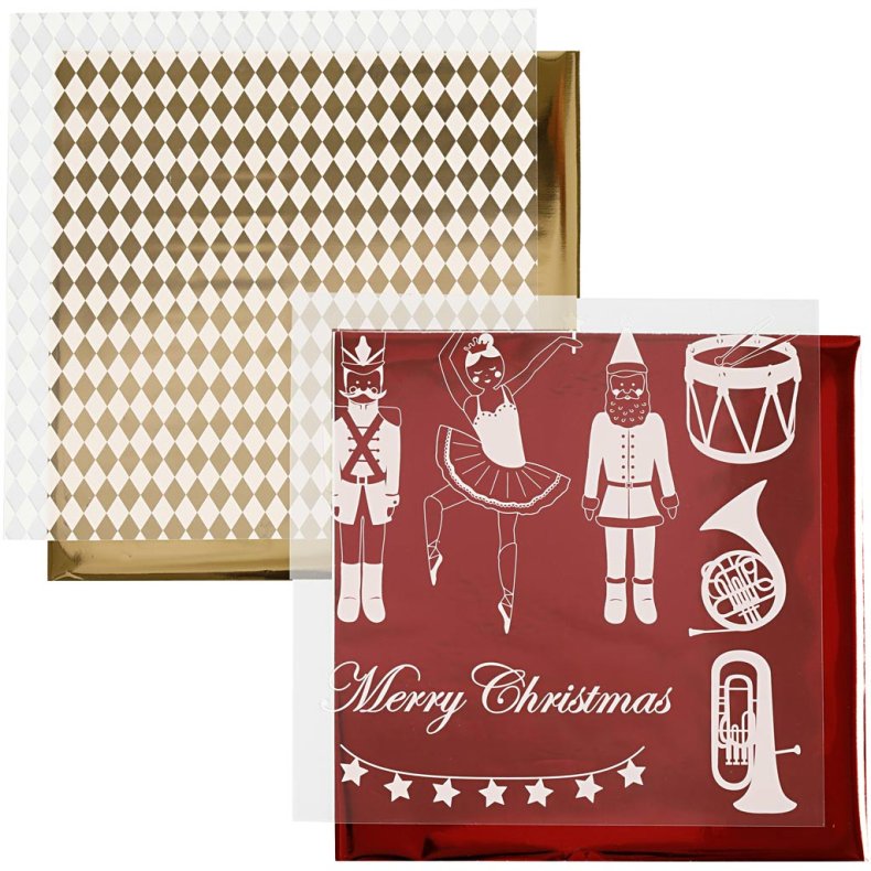 Dekorationsfolie og design limark, n&oslash;ddekn&aelig;kker, julemand og ballerina, ark 15x15 cm, guld, r&oslash;d, hvid, 4 ark/ 1 pk.