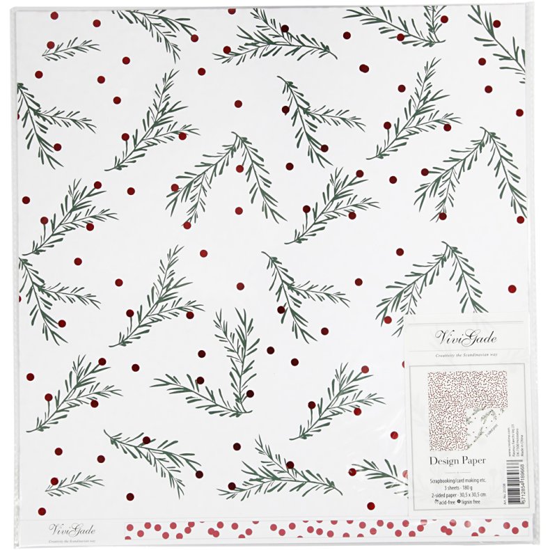 Designpapir, grangren og prikker, ark 30,5x30,5 cm, 180 g, guld, gr&oslash;n, r&oslash;d, hvid, 3 ark/ 1 pk.