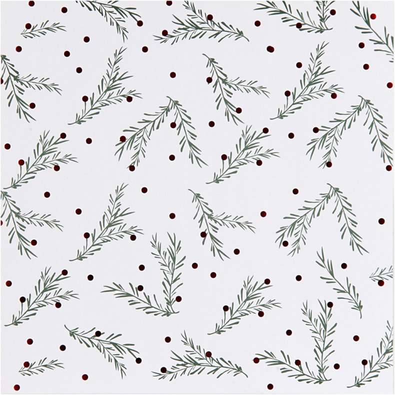 Designpapir, grangren og prikker, ark 30,5x30,5 cm, 180 g, guld, gr&oslash;n, r&oslash;d, hvid, 3 ark/ 1 pk.
