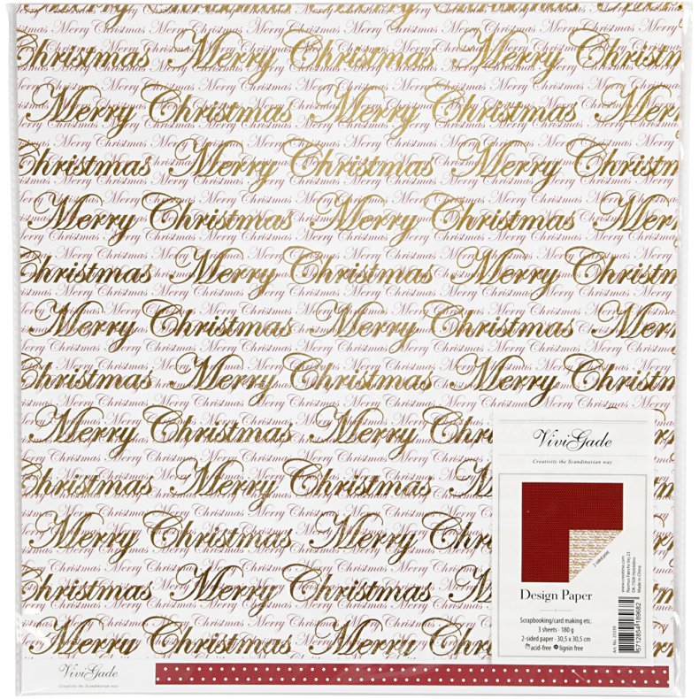 Designpapir, gl&aelig;delig jul og prikker, ark 30,5x30,5 cm, 180 g, guld, 3 ark/ 1 pk.