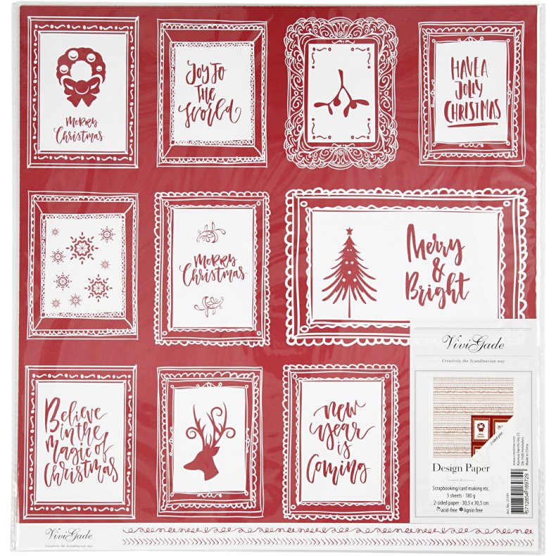Designpapir, rammer med tekst og doodles, ark 30,5x30,5 cm, 180 g, 5 ark/ 1 pk.