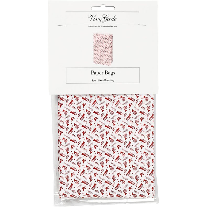 Papirposer, trompet, H: 21 cm, str. 6x12 cm, 80 g, r&oslash;d, hvid, 8 stk./ 1 pk.