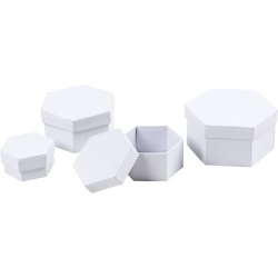 Sekskantede &AElig;sker, H: 4+5+6+7 cm, diam. 6,5+8+10+12 cm, hvid, 4 stk./ 1 s&aelig;t