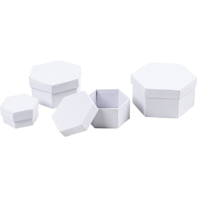 Sekskantede &AElig;sker, H: 4+5+6+7 cm, diam. 6,5+8+10+12 cm, hvid, 4 stk./ 1 s&aelig;t