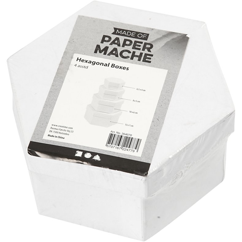 Sekskantede &AElig;sker, H: 4+5+6+7 cm, diam. 6,5+8+10+12 cm, hvid, 4 stk./ 1 s&aelig;t