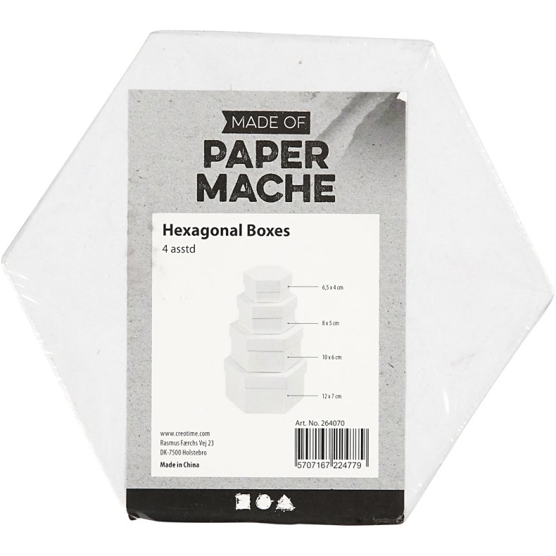 Sekskantede &AElig;sker, H: 4+5+6+7 cm, diam. 6,5+8+10+12 cm, hvid, 4 stk./ 1 s&aelig;t