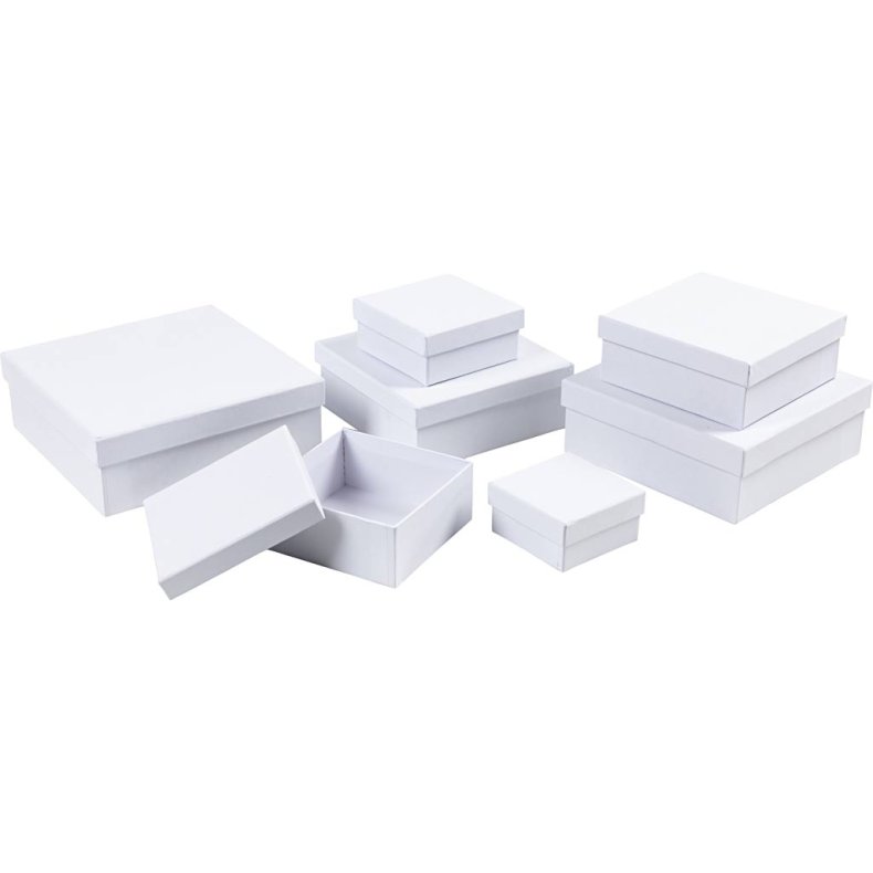 Kvadratiske &AElig;sker, H: 4,5+5+5,5+6+6,5+7+7,5 cm, str. 9+11+13+15+17+19+21 cm, hvid, 7 stk./ 1 s&aelig;t