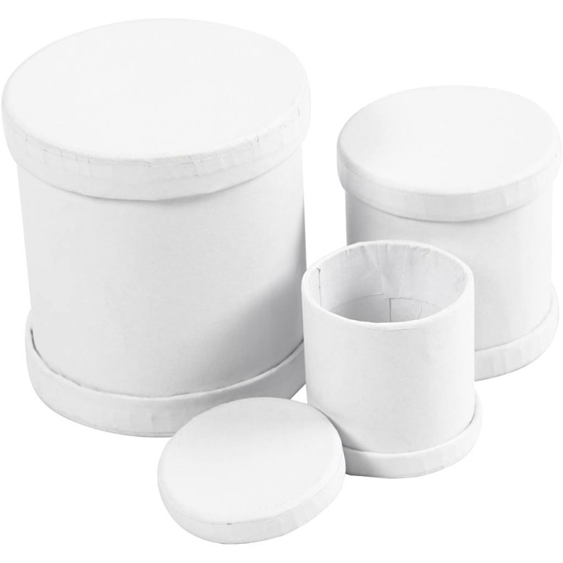 Tromme&aelig;sker, H: 4+5+7 cm, diam. 4+5+6,5 cm, hvid, 1 s&aelig;t