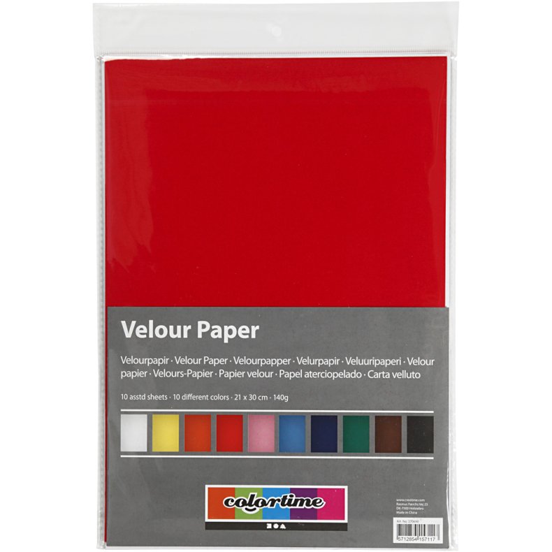 Velourpapir, A4, ark 210x297 mm, 140 g, ass. farver, 10 ark/ 1 pk.
