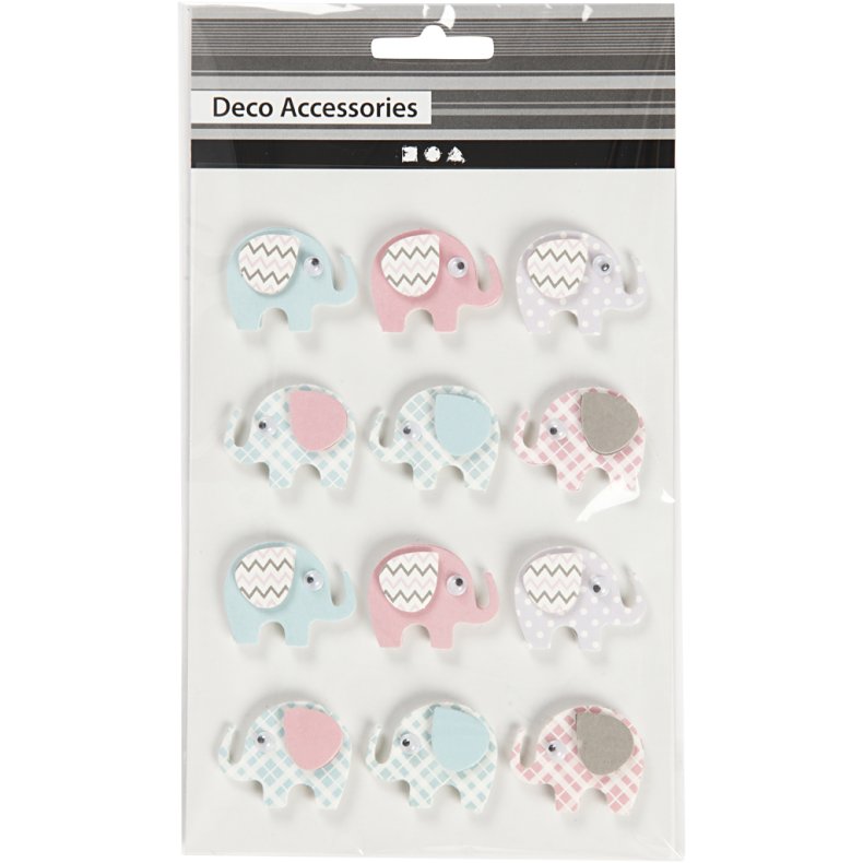 3D Stickers, elefanter, H: 25 mm, B: 31 mm, tykkelse 7 mm, 12 stk./ 1 pk.