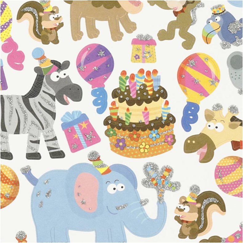 Stickers, dyrenes f&oslash;dselsdag, ark 15x16,5 cm, 1 ark