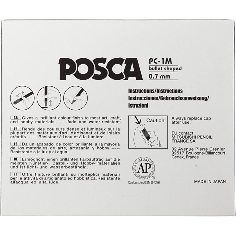 Posca Tusch, nr. PC-1M, streg 0,7 mm, extra-fine, ass. farver, 12 stk./ 1 pk.