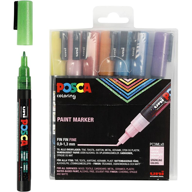 Posca Tusch, nr. PC-3ML, streg 0,9-1,3 mm, glitterfarver, 8 stk./ 1 pk.