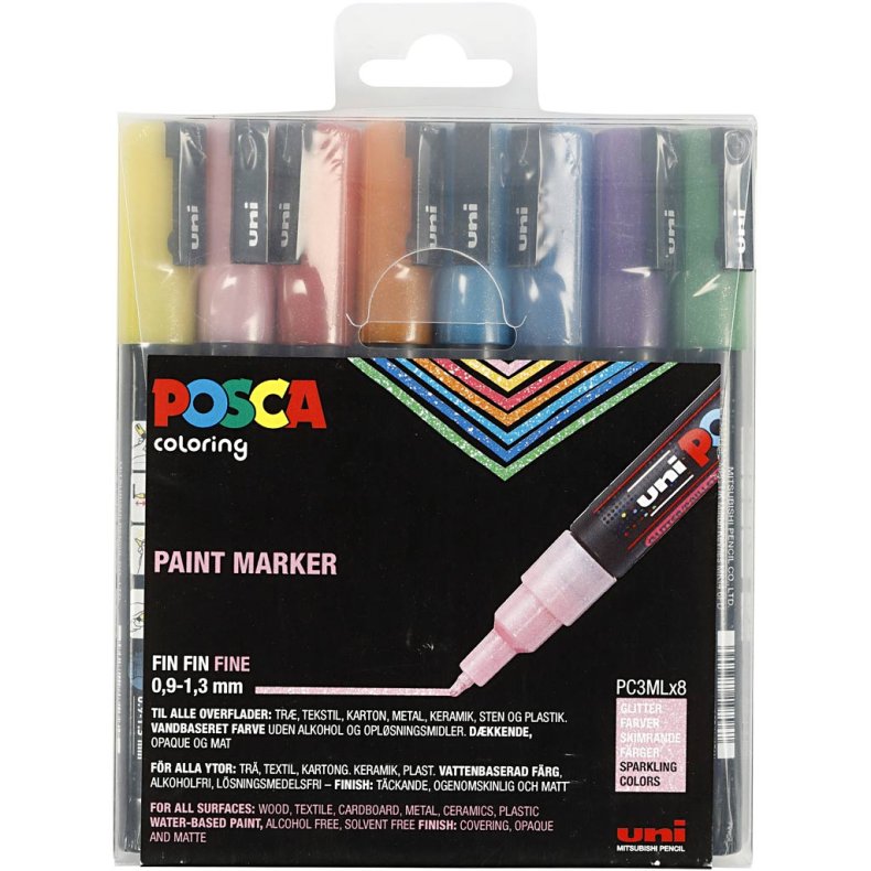 Posca Tusch, nr. PC-3ML, streg 0,9-1,3 mm, glitterfarver, 8 stk./ 1 pk.
