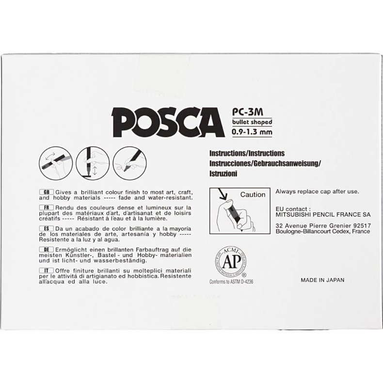 Posca Tusch, nr. PC-3M, streg 0,9-1,3 mm, fine, ass. farver, 12 stk./ 1 pk.