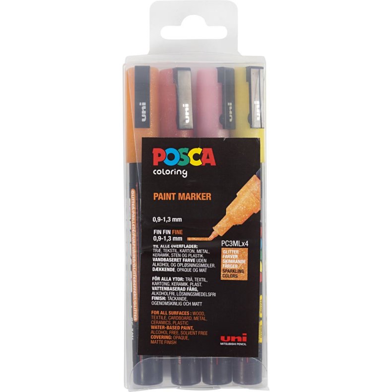 Posca Tusch, nr. PC-3M, streg 0,9-1,3 mm, fine, glitterfarver, 4 stk./ 1 stk.