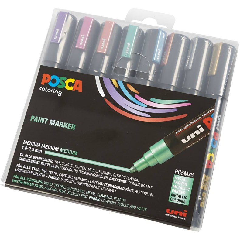 Posca Tusch, nr. PC-5M, streg 2,5 mm, medium, metallicfarver, 8 stk./ 1 pk.