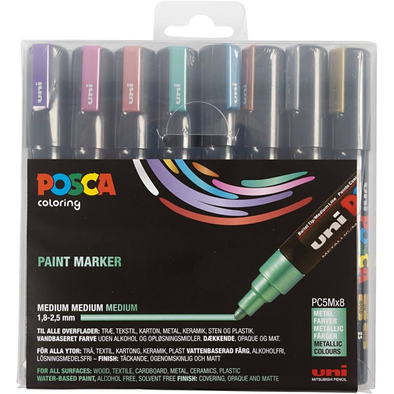 Posca Tusch, nr. PC-5M, streg 2,5 mm, medium, metallicfarver, 8 stk./ 1 pk.