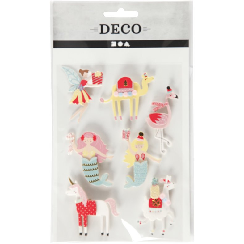 3D Stickers, flamingo, lama, havfrue, H: 50-60 mm, B: 30-45 mm, tykkelse 7 mm, 7 stk./ 1 pk.