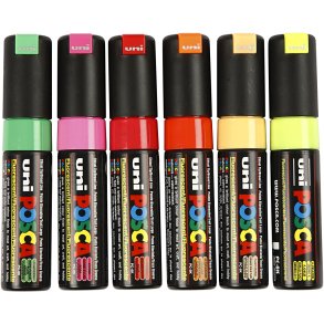 Posca Tusch, nr. PC-8K, streg 8 mm, broad, halvdækkende, ass. farver, 6 stk./ 1 pk.
