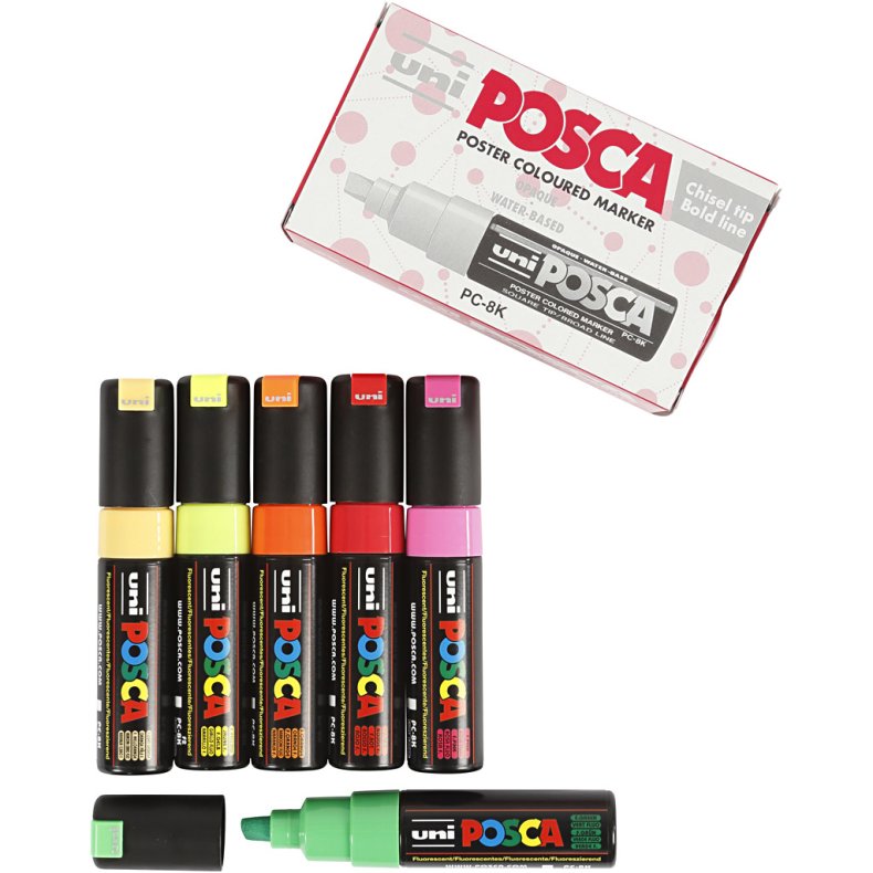Posca Tusch, nr. PC-8K, streg 8 mm, broad, halvd&aelig;kkende, ass. farver, 6 stk./ 1 pk.