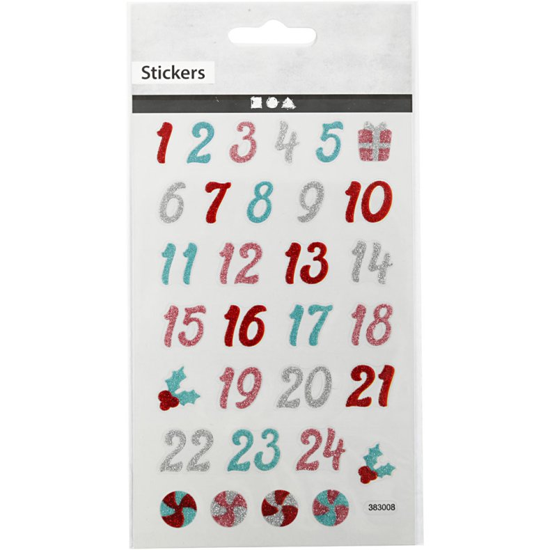 Glitterstickers, kalendertal, ark 10x16 cm, 1 ark