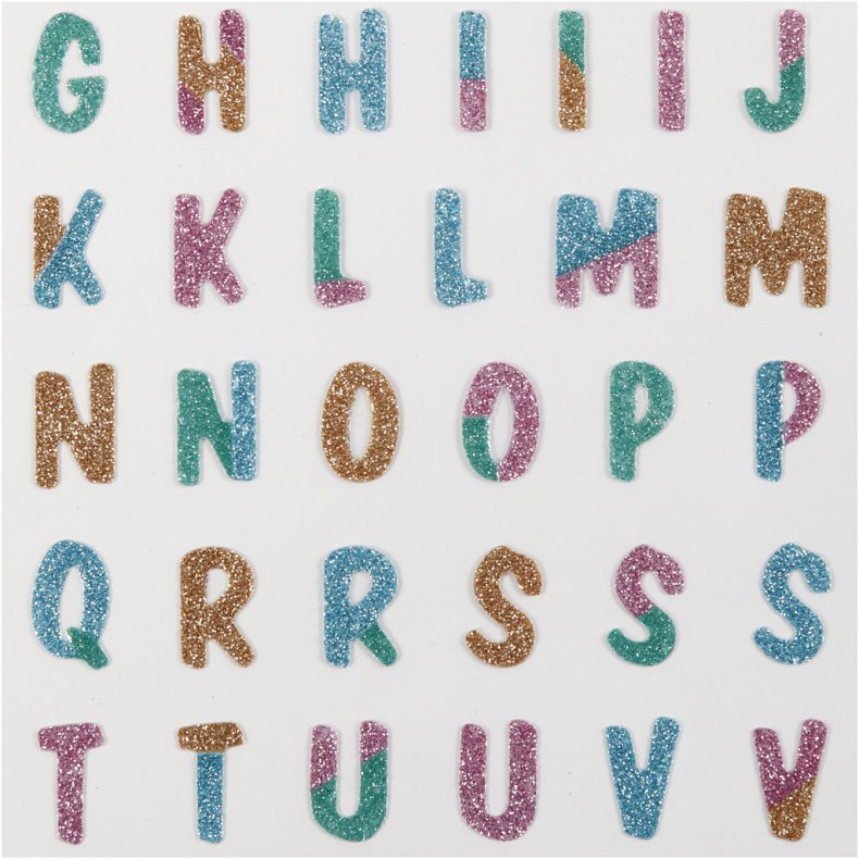 Glitterstickers, bogstaver, ark 10x16 cm, 1 ark