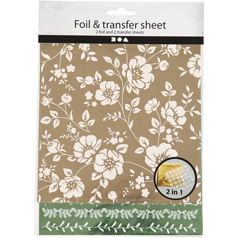 Dekorationsfolie og design limark, blomster, ark 15x15 cm, guld, gr&oslash;n, 2x2 ark/ 1 pk.