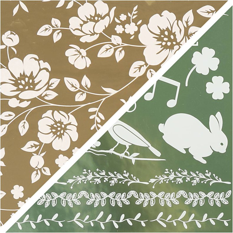 Dekorationsfolie og design limark, blomster, ark 15x15 cm, guld, gr&oslash;n, 2x2 ark/ 1 pk.