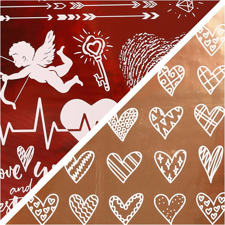 Dekorationsfolie og design limark, hjerter og k&aelig;rlighed, ark 15x15 cm, r&oslash;d, 2x2 ark/ 1 pk.