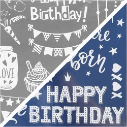 Dekorationsfolie og design limark, f&oslash;dselsdag, ark 15x15 cm, m&oslash;rk bl&aring;, s&oslash;lv, 2x2 ark/ 1 pk.