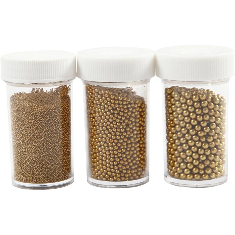 Mini Glaskugler, str. 0,6-0,8+1,5-2+3 mm, guld, 3x45 g/ 1 pk.
