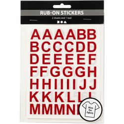 Rub on Stickers, bogstaver og tal, H: 17 mm, B: 17 mm, ark 12,2x15,3 cm, r&oslash;d, 1 pk.