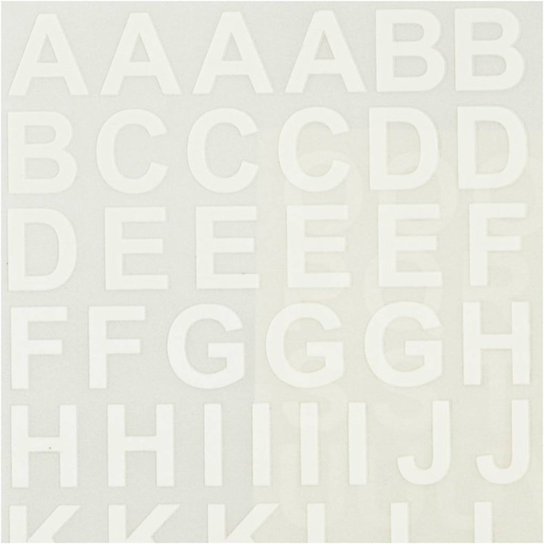 Rub on Stickers, bogstaver og tal, H: 17 mm, B: 17 mm, ark 12,2x15,3 cm, hvid, 1 pk.