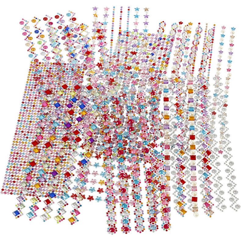 Rhinsten, diam. 2-10 mm, ark 27x9 cm, Indhold kan variere, 12 ass. ark/ 1 pk.