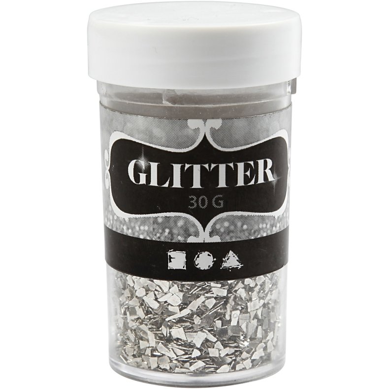 Glitter, str. 1-3 mm, s&oslash;lv, 30g/ 1 ds.