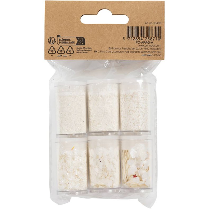 Bio-glimmer & Pailletter, s&oslash;lv, hvid, 6x7 ml/ 1 pk.