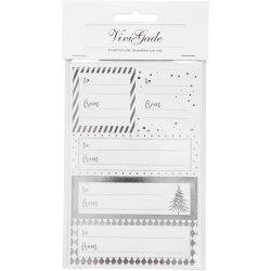 Til- og fra m&aelig;rker, ark 9x14 cm, str. 42x39+84x29 mm, s&oslash;lv, hvid, 4 ark/ 1 pk.
