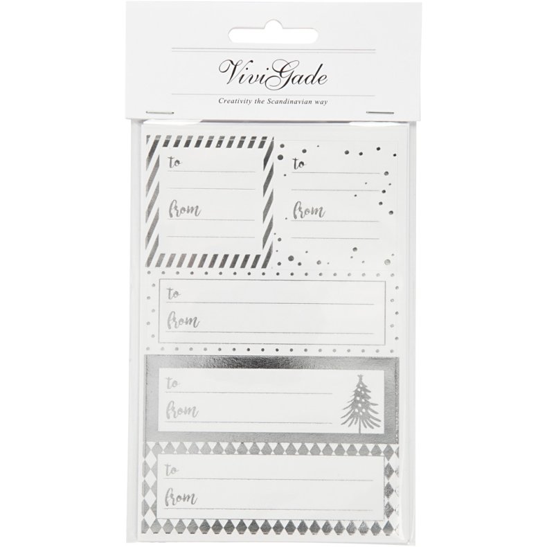 Til- og fra m&aelig;rker, ark 9x14 cm, str. 42x39+84x29 mm, s&oslash;lv, hvid, 4 ark/ 1 pk.