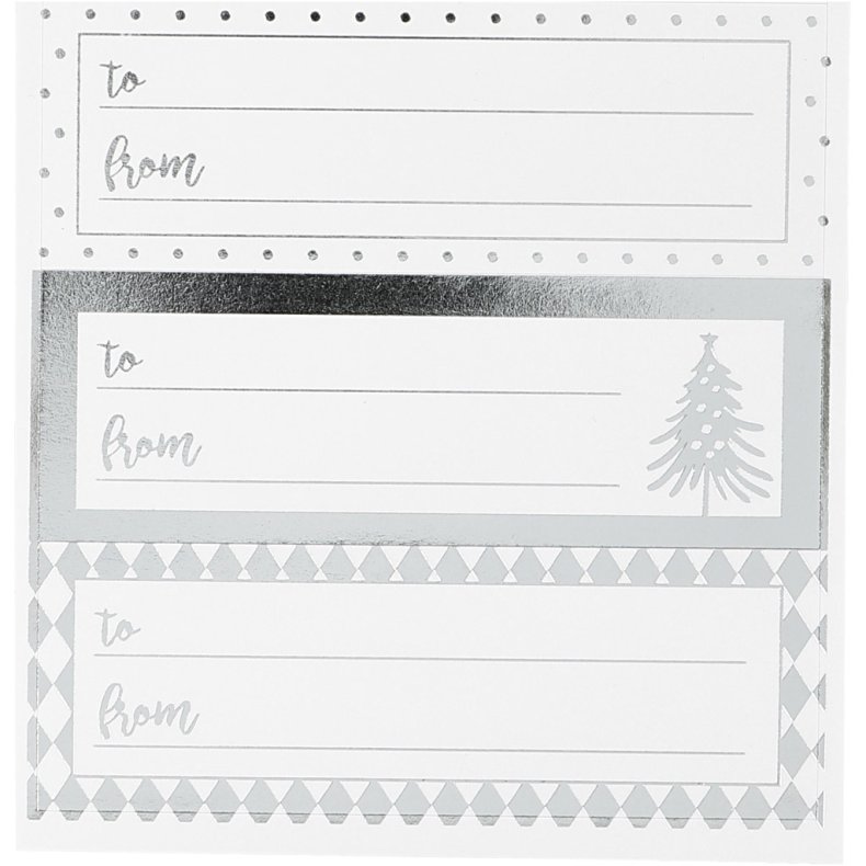 Til- og fra m&aelig;rker, ark 9x14 cm, str. 42x39+84x29 mm, s&oslash;lv, hvid, 4 ark/ 1 pk.